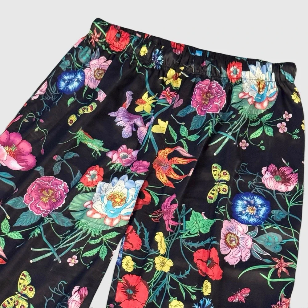 Floral Botanical Wide Leg Silky Satin Style Pants Boho Chic Womens XL Maximalist